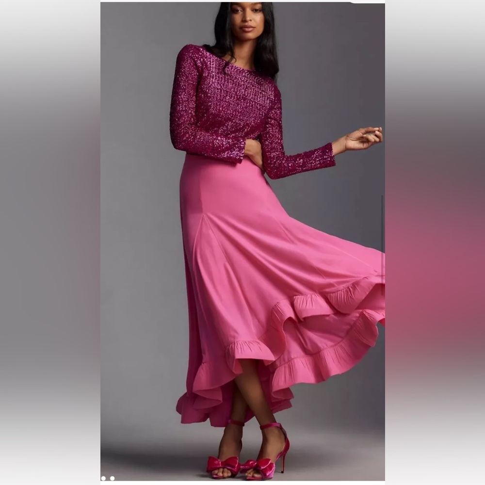 Anthropologie Mare Mare Ruffle Hem Midi Maxi Skirt Hi Lo Lined Pink